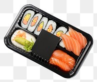 PNG Sealable black plastic tray and cover with sushi and blank label mockup packaging lunch rice food.