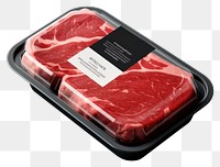 PNG Sealable black plastic tray and cover with raw meat schnitzels and blank label mockup packaging steak beef food.