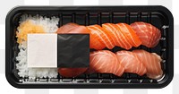 PNG Sealable black plastic tray and cover with sushi and blank label mockup packaging seafood meat rice.