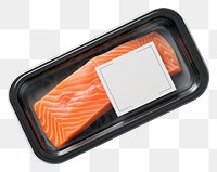 PNG Sealable black plastic tray and cover with salmon and blank label mockup packaging seafood freshness meat.