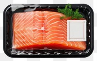 PNG Sealable black plastic tray with salmon and blank label mockup packaging seafood accessories vegetable.