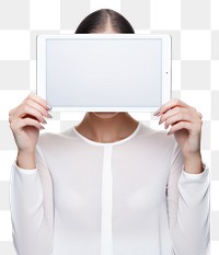 PNG  Woman holding digital tablet computer photo white background.