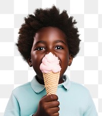 PNG  Black little boy eating food dessert cream.