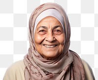 PNG Smiling elderly middle eastern woman scarf smile white background.