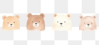 PNG Cute tiny 5 bear heads divider watercolour illustration mammal animal white background.