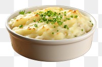 PNG British fish pie in a white ceramic table food bowl.