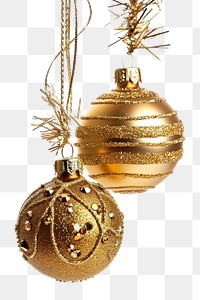 PNG Golden christmas baubles jewelry hanging white background. AI generated Image by rawpixel.