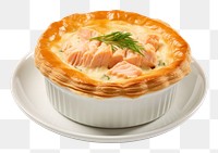 PNG Salmon stuffed pie in a white ceramic pastry dessert baked.