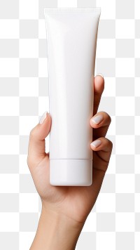 PNG Hand holding tiny squeeze bottle plastic tube container of cream toothpaste cosmetics sunscreen.