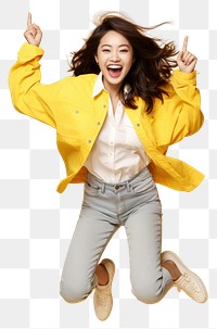 PNG Young Chinese woman full-length jumping smiling yellow coat.