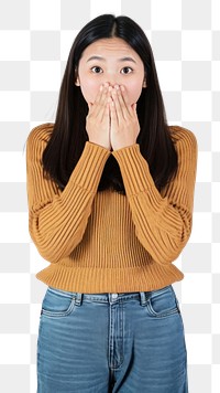 PNG Covering mouth with hands sweater white background frustration.