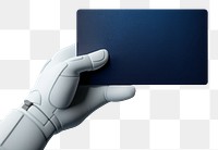 PNG 3d robot hand holding a card, transparent background