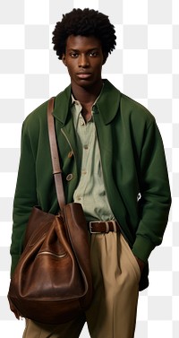 PNG  The guy in green carries a brown Brandname bag portrait handbag fashion. AI generated Image by rawpixel.
