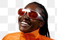 PNG Black young woman smiling wearing a white sunglasses exposing her eyes smile portrait fashion.