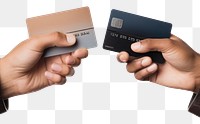 PNG  Hand hold two credit cards white background technology holding. AI generated Image by rawpixel.