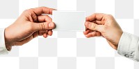 PNG  Hands sharing a blank card hand white background togetherness.