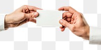 PNG  Hands sharing a blank card hand paper white background.