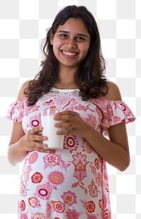 PNG  Pregnant latin woman milk drinking portrait.