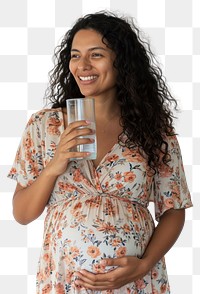 PNG  Pregnant latin woman portrait drinking smiling.