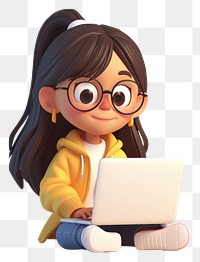 PNG  A girl using laptop computer cartoon white background