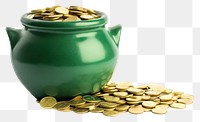 PNG Opened green irish pot gold coin jar.