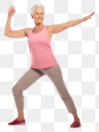 PNG Senior british woman stretching standing exercise.