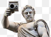 PNG  Greek sculpture holding camera statue art white background.