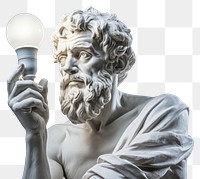 PNG  Greek sculpture holding light bulb statue lightbulb portrait.