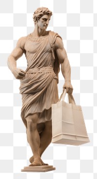 PNG  Greek sculpture holding shopping bag statue art white background.