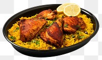 PNG Tandoori chicken with yellow rice on pan food meat vegetable.