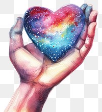 PNG Hand holding heart in Watercolor style galaxy human star.