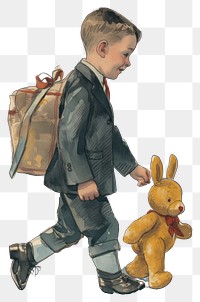 PNG Vintage illustration boy rabbit walking art representation.