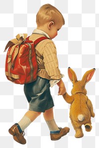 PNG Vintage illustration boy rabbit footwear walking mammal.