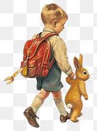 PNG Vintage illustration boy rabbit footwear backpack walking