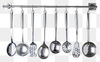 PNG Kitchen utensils wall mounted chrome ladle spoon white background