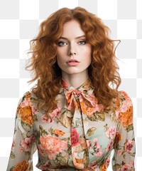 PNG  Woman wearing fashionable floral blouse portrait dress adult. AI generated Image by rawpixel.