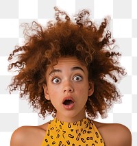 PNG  Surprised girl with Big Hair surprised hairstyle happiness.