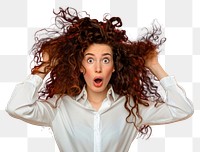 PNG  Surprised Woman white shirt with Big Hair surprised adult woman.