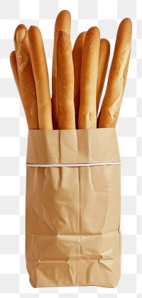 PNG  Bread sticks in the paper bag baguette food white background.