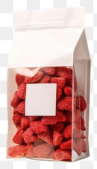 PNG  Dried strawberry paper packaging mockup food white background container.