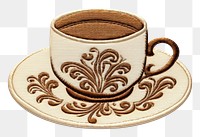 PNG  Coffee cup in embroidery style saucer drink mug.