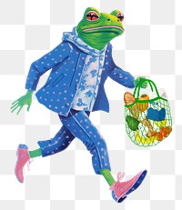 Frog character png holding net bag digital art illustration, transparent background