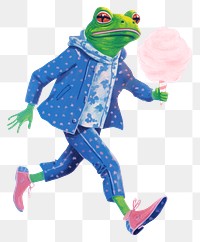 Frog character png holding cotton candy digital art illustration, transparent background