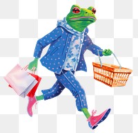 Frog character png holding shopping basket digital art illustration, transparent background