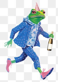 Frog character png holding champagne bottle digital art illustration, transparent background