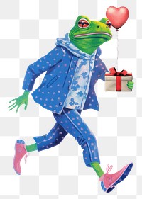 Frog character png holding present & balloon digital art illustration, transparent background