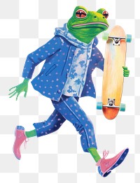 Frog character png holding skateboard digital art illustration, transparent background