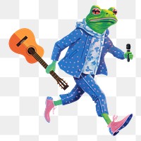 Musician frog character png holding guitar digital art illustration, transparent background