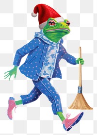 Frog character png holding broomstick digital art illustration, transparent background