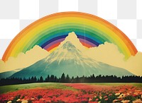PNG Collage Retro dreamy of a flower field mountain rainbow art.